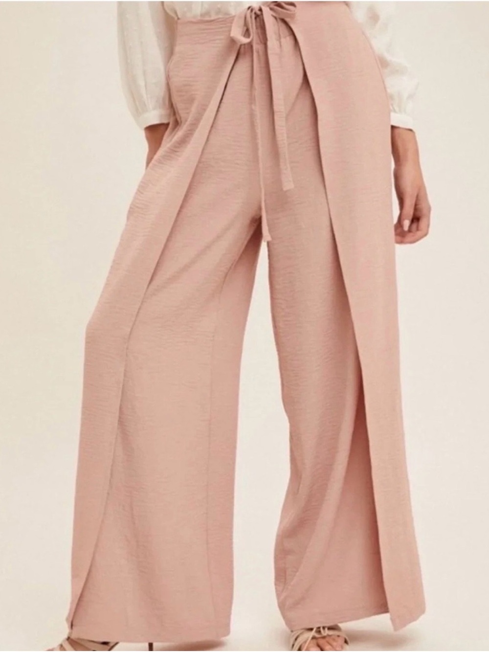 Hem & Thread Blush Pink High-Waist Wide Leg Split Pants